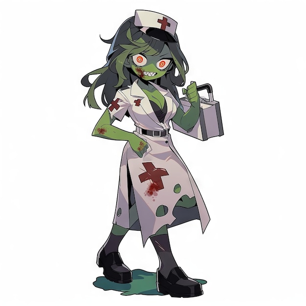 Animestyle Female Doctor Zombie-personage op witte achtergrond Generatieve AI