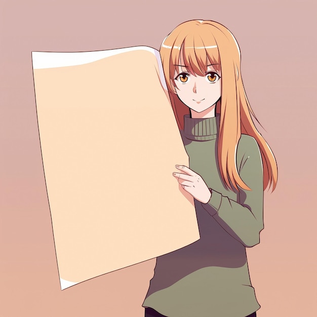 An animestyle girl stands against a large blank sheet of paper