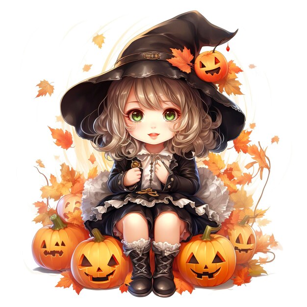 An animestyle Halloween witch with pumpkins