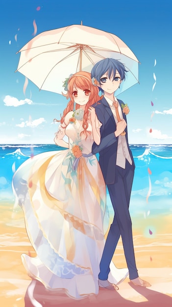 해변에서 그들의 사랑을 축하하는 행복한 커플의 애니메이션 스타일 그림