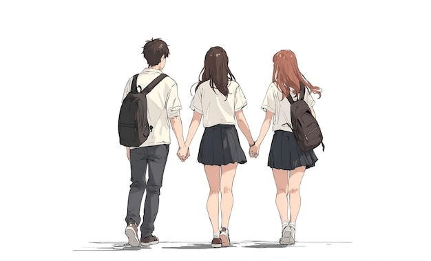 Animestyle illustration of school friends walking and holding hands together