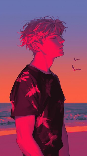 Animestyle illustration young man in dark shirt sunset soft pink orange hues