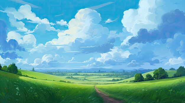 Animestyle kunstwerken van serene pastorale scènes Veldwolken en vuilpaden komen tot leven in rijk gedetailleerde Ai Generated