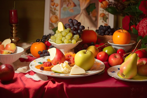 Animestyled cheese with apples pears and grapes