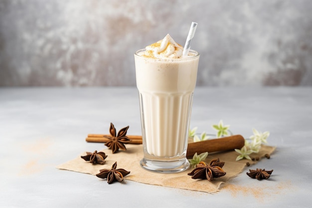 Photo anise star on a glass of tasty milkshake with straw on marble table