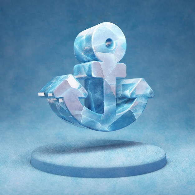 Anker icoon. Gebarsten blauw ijsankersymbool op blauw sneeuwpodium. Social Media Icon voor website, presentatie, ontwerpsjabloon element. 3D render.