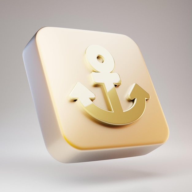 Anker icoon. Gouden Ankersymbool op mat gouden plaat. 3D-gerenderde sociale mediapictogram.