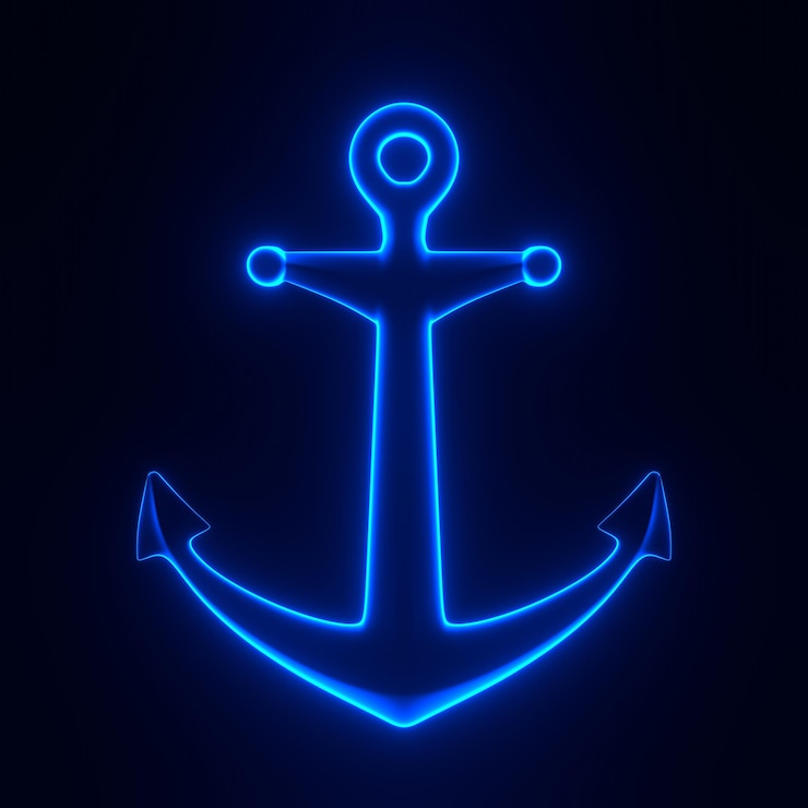 Foto anker met heldere gloeiende futuristische blauwe neonlichten op een zwarte achtergrond 3d-render illustratie