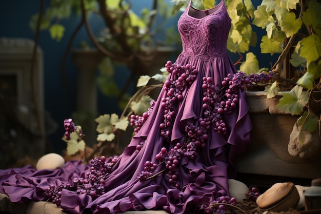 美しい蔓模様が魅力的なアンクル丈のブドウの蔓ドレス