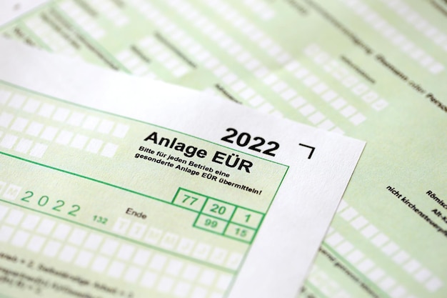 Anlage eur german 2022 profit and loss statement and asset list\
or working capital statement close up the concept of taxation and\
accountant paperwork germany