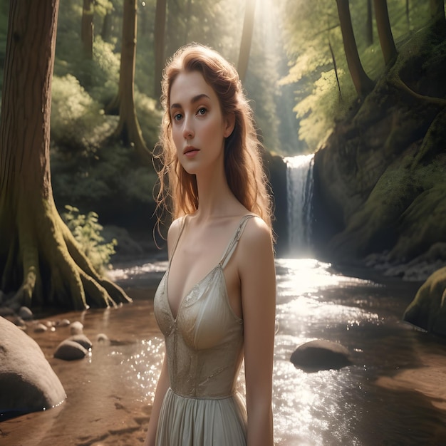 Photo anna cromarty radiates surrounded by towering trees and sparkling streams