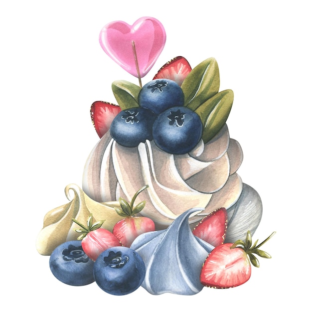 Anna Pavlova cake with meringue and cream strawberries blueberries and a heartshaped lollipop Watercolor illustration A composition from the collection of SWEETS For decoration and design