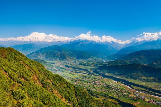 Vista panoramica aerea delle montagne dell'annapurna pokhara