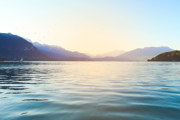 Annecy lake in the morning in vintage style, France