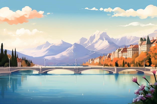 Альпийская красота Анси Озеро Palais de l'Isle и цветочные мосты иллюстрация