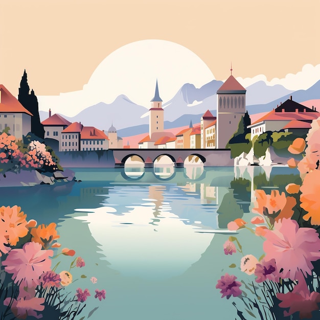 Annecy's Alpine Beauty Lake Palais de l'Isle and Floral Bridges Illustrated