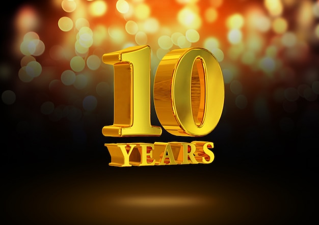 Anniversary 10 years gold 3D isolated on an elegant bokeh background