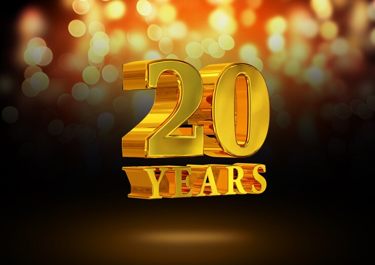 Photo anniversary 20 years gold 3d isolated on an elegant bokeh background