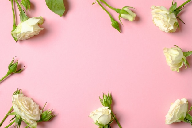 Foto priorità bassa del fiore di congratulazione di anniversario. cornice bordo fatto di fiori di rose bianche con spazio di copia.