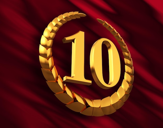 記念日の金色の月桂冠と赤旗の数字 10
