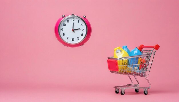 Photo announce promotion news with shopping cart clock alarm megaphone discount sales isolated on pink price tags coupon last minute offer flat sales shopping concept