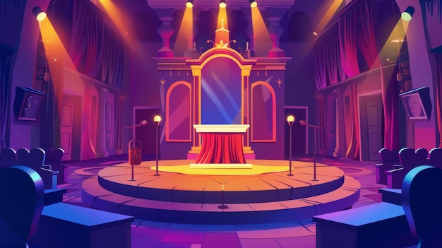An announcement of the award nominations event modern web banner with a tribune microphone glowing spotlights in a conference hall stage and empty interior