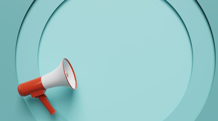 Photo announcement concept background with megaphone 3d rendering