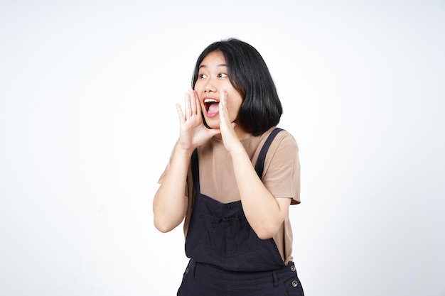 Announcement with hands over mouth of Beautiful Asian Woman Isolated On White Background