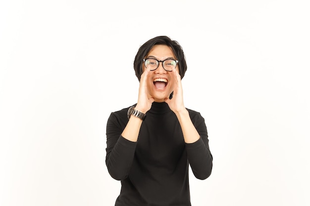 Announcement with hands over mouth Of Handsome Asian Man Isolated On White Background