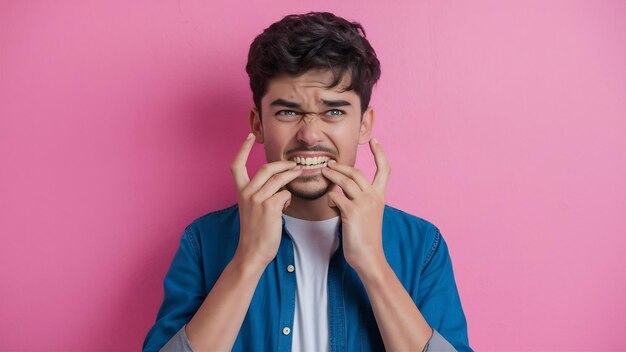 Photo annoyed young caucasian male clenches teeth and looks with displeased expression bites finger nail