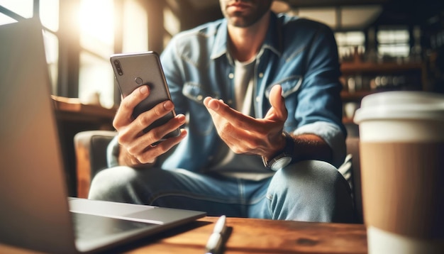 Annoyed young man in casual wear gesturing while looking at his smartphone with a laptop and coffee on the table in a cafe setting