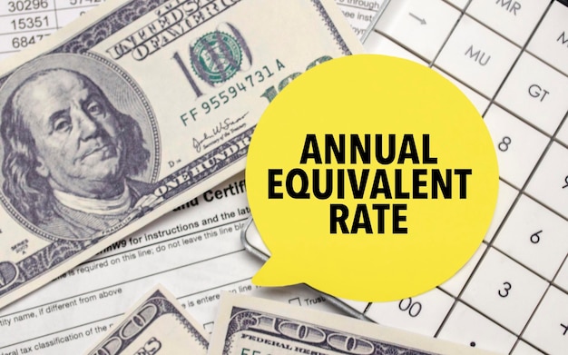 ANNUAL EQUIVALENT RATE words on yellow sticker with dollars and charts