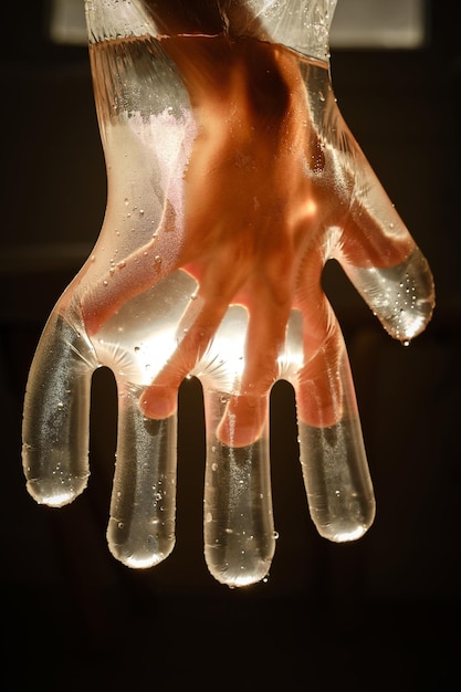 Anoniem kind in transparante plastic handschoen met gloeiend water en druppels op donkere achtergrond