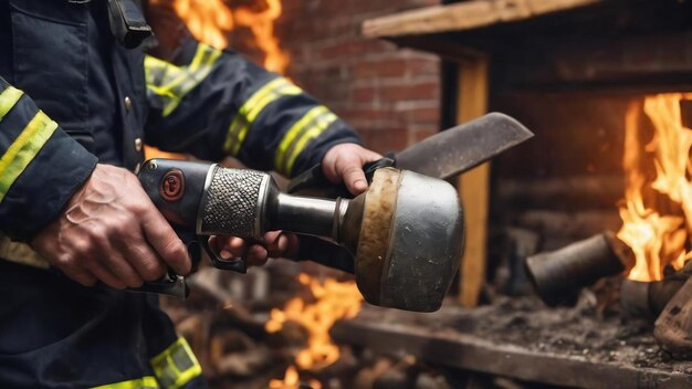 Anonieme brandweerman trekt hamer uit lederen holster