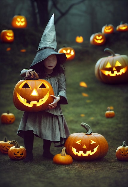 Anonieme griezelige kleine heks met jack o' lantern 3d illustratie