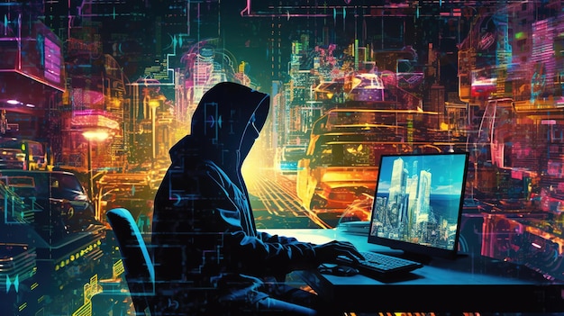 Anonieme hacker achter zijn computer Digitale misdaad Computer hacken Cybercriminaliteit Cyberbeveiliging