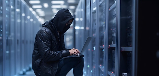 Anonieme hacker die computerlaptop typt Concept van het hacken van cyberbeveiliging cybercriminaliteit cyberaanval dark web enz