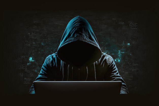 Anonieme hacker met capuchon en masker naast computergeneratieve AI
