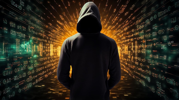 Anonieme hacker omringd door een netwerk van gloeiende gegevens