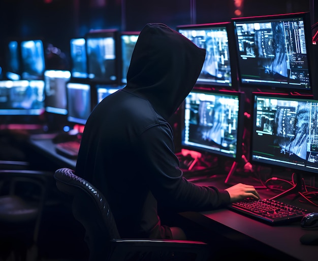 Anonieme hacker voor computermonitors Concept van hacking cybersecurity cybercrime cyberattack dark web enz.