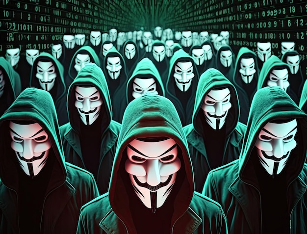Foto anonieme hackgroep onbekende mannen in zwarte hoodie met kappen en witte maskers