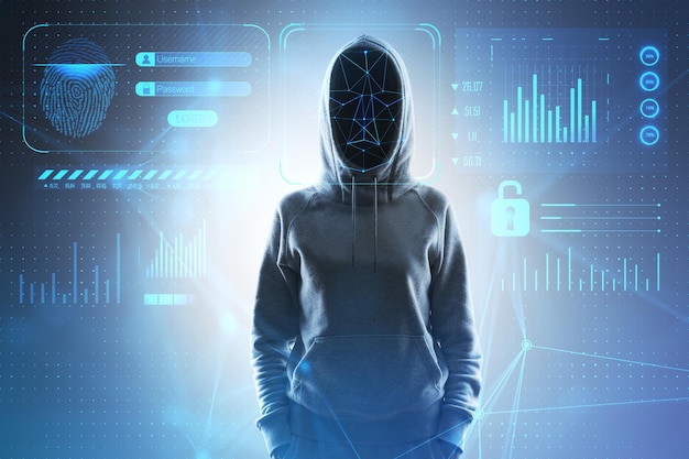 Anonymous access and face recognition concept with digital safety system interface and faceless person in hoody double exposure