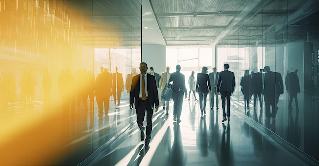 Anonymous blurred business people rush through trade fair hall or airport