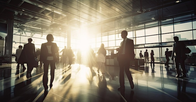 Anonymous blurred business people rush through trade fair hall or airport