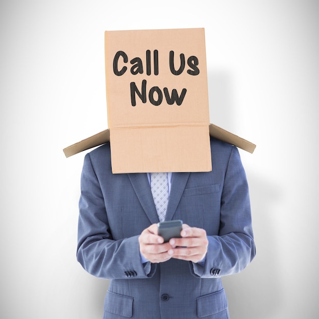 Photo anonymous businessman using phone against white background with vignette