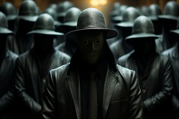 Фото Анонимный бизнесмен в маске стоит перед стеной на темном фонегенеративный ии