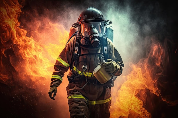 Anonymous fireman in uniform walking near burning fire