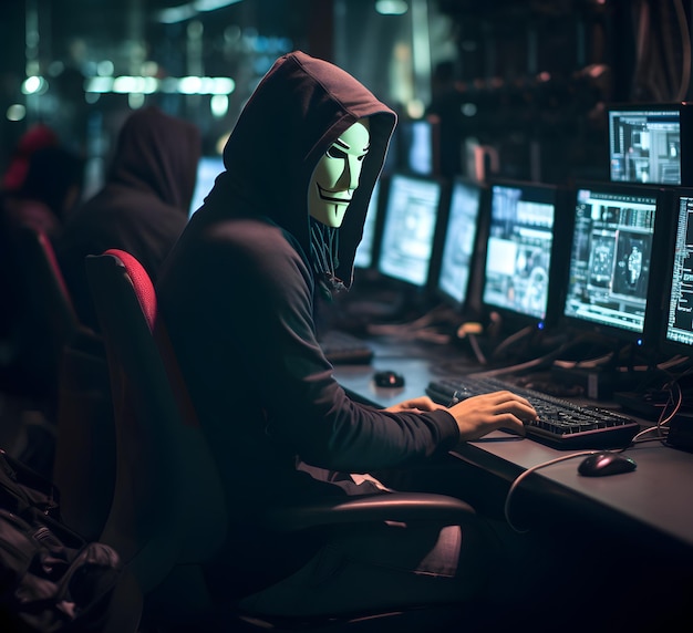 Anonymous hacker in front of computer monitors Concept of hacking cybersecurity cybercrime cyberattack dark web etc