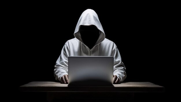 Anonymous Hacker in Hoodie Using Computer Laptop for Organizing Massive Cyber Attack extreme closeup Generative AI