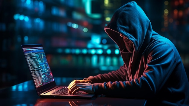 화려한 데이터 네트워크에 둘러싸인 익명의 해커 사이버 보안 사이버 범죄 사이버 공격 G